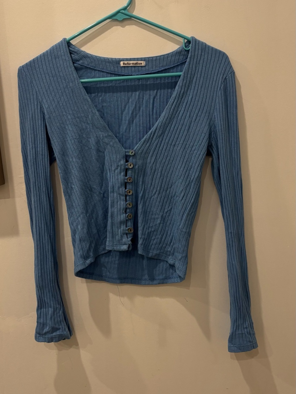Reformation Dusty Blue Ribbed Button-Front Long Sleeve Top